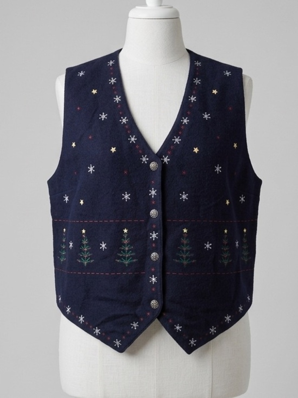 Karen Scott Vintage Christmas Tree Snowflake Vest Navy Blue Silver Buttons 2X